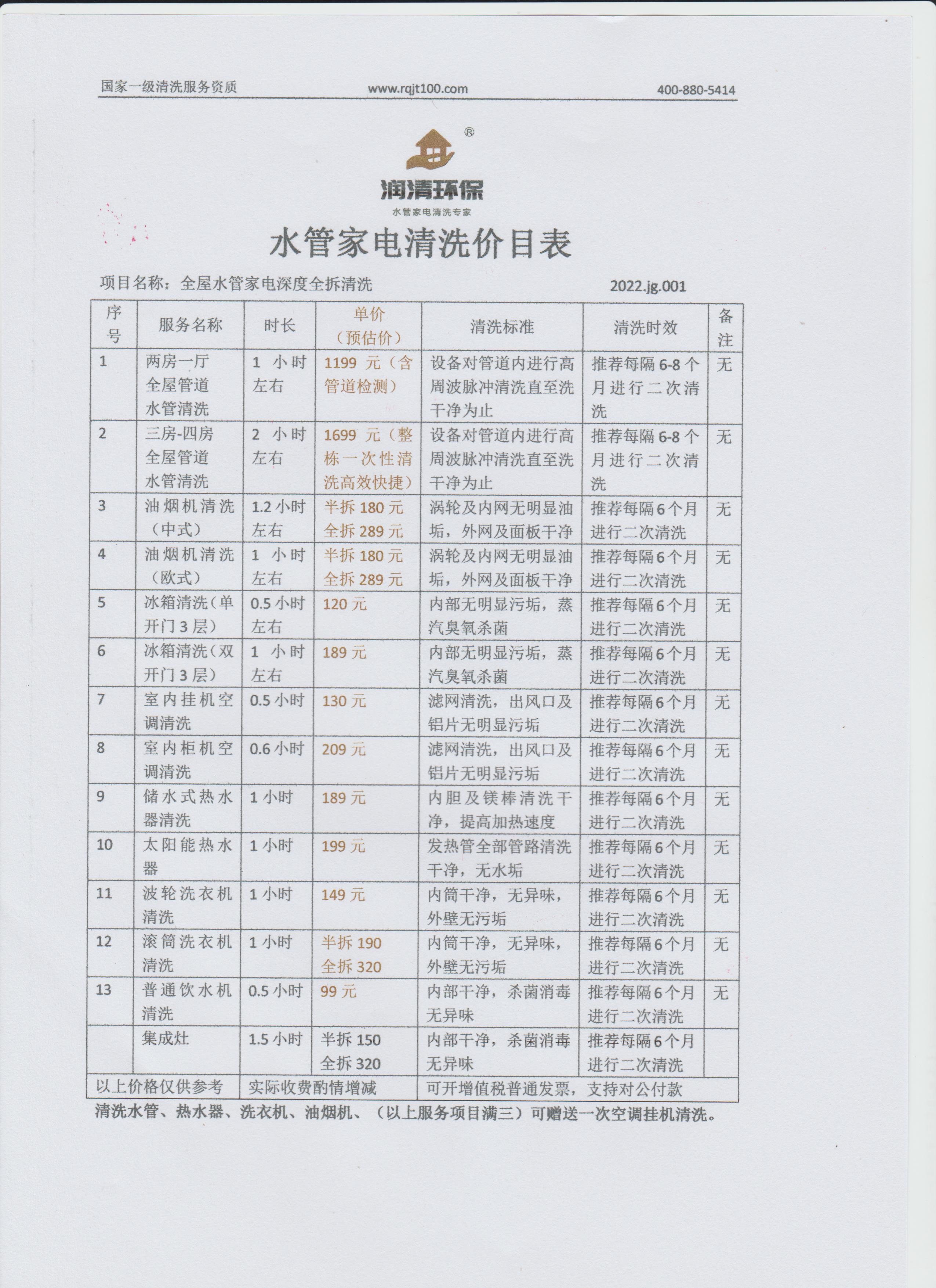 水管家電清洗服務(wù)價格